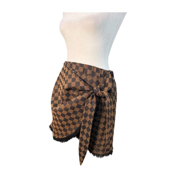 Judith March Check Mate Brown Jacquard Wrap Skirt Women’s Medium Plaid Fringe - Picture 4 of 10